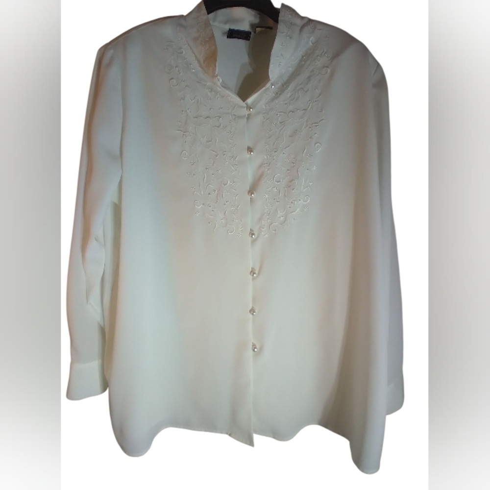 Laura Scott Elegant Cream Embroidered Women's Top Pearl Buttons Size 20W Luxury
